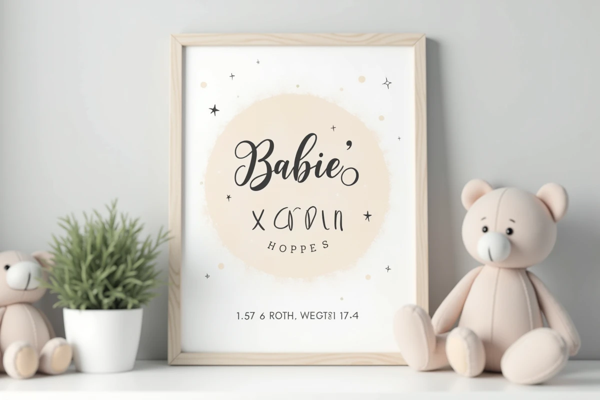 Affiche de naissance personnalisée encadrée en bois blanc avec le prénom du bébé en grande typographie et les détails de naissance sur fond pastel