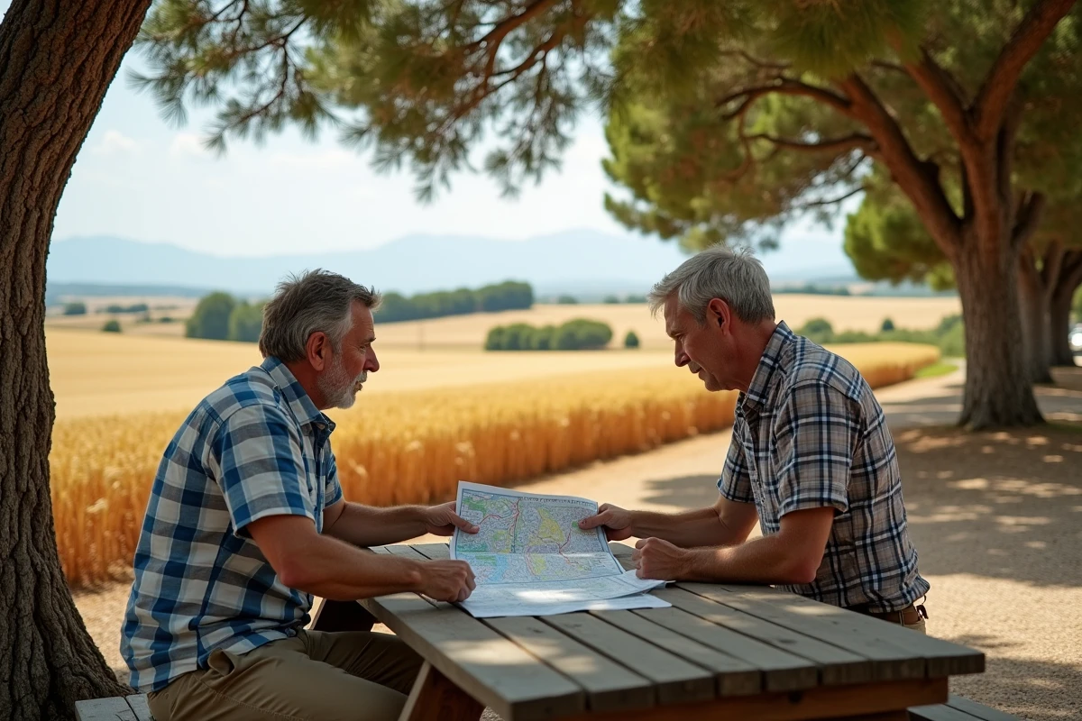 Homme consultant une carte routière à une table de pique-nique dans une aire de repos panoramique sur l'autoroute espagnole, paysage de Castille en arrière-plan