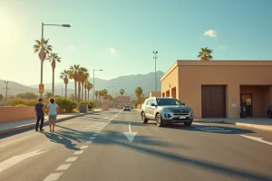 Aire de repos moderne sur une autoroute espagnole avec une famille se détendant à côté de leur SUV, palmiers et montagnes en arrière-plan