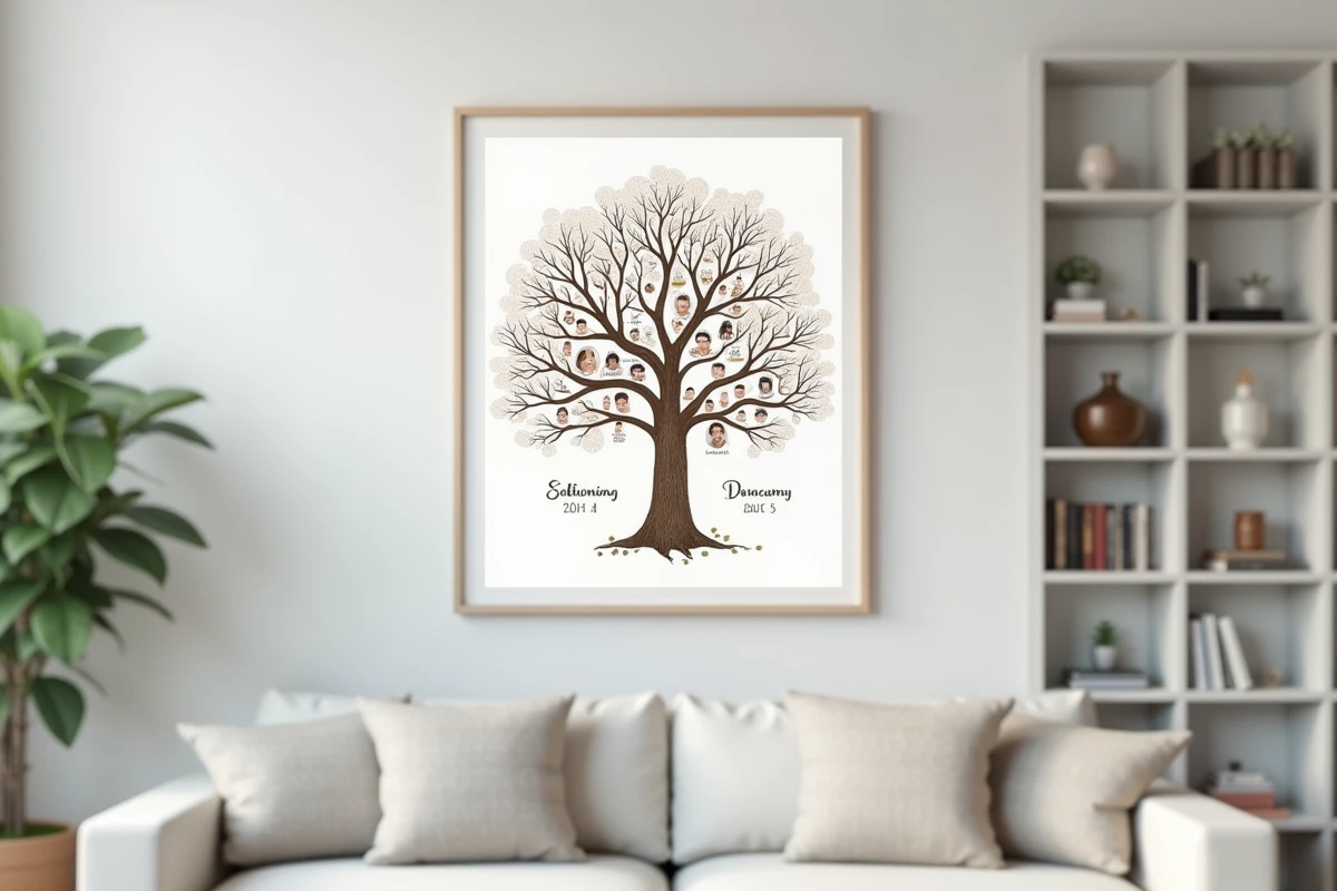 Arbre généalogique illustré et personnalisé encadré en bois blanc accroché sur un mur gris clair, montrant des portraits de famille dessinés à la main avec des noms en calligraphie