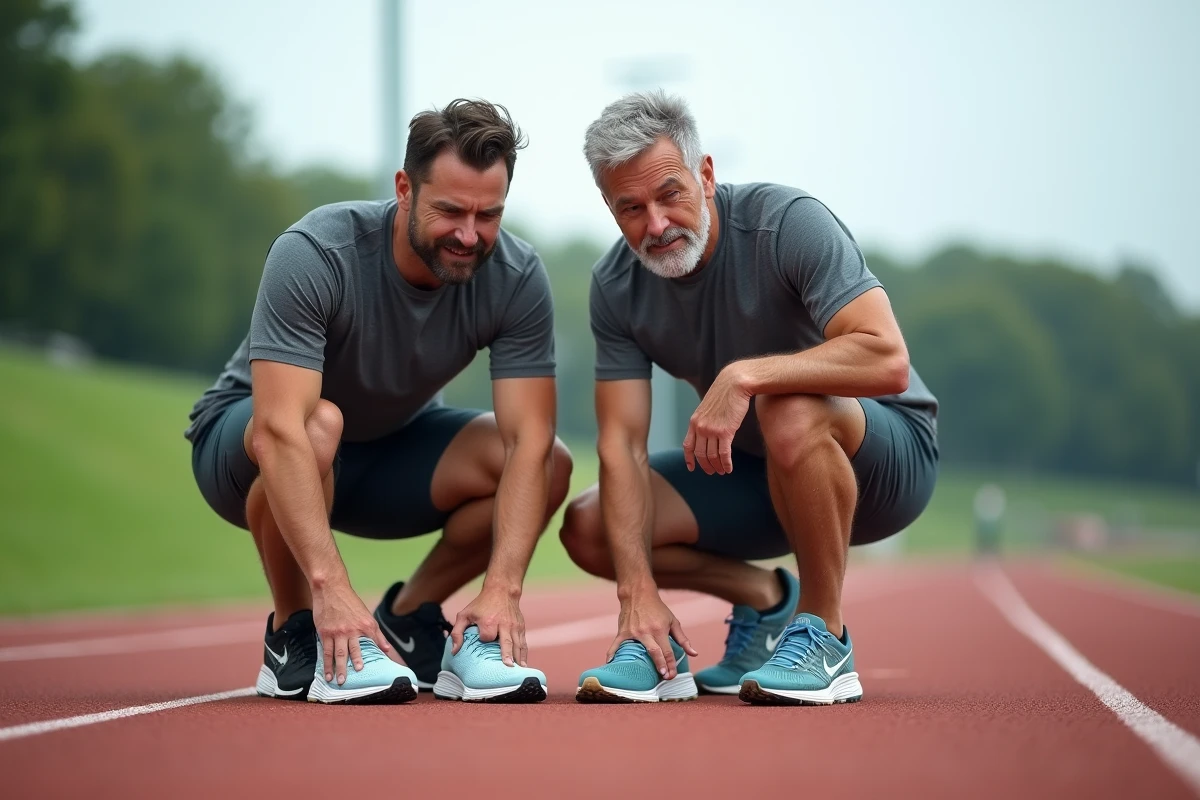 Athlète masculin comparant deux paires de chaussures de running sur une piste d'athlétisme