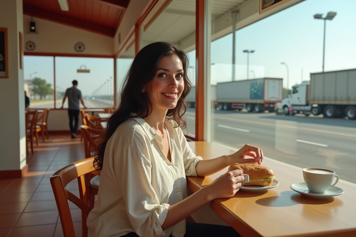 Femme prenant une pause café dans la cafétéria d'une aire de service sur l'autoroute en Espagne, décor intérieur typique avec carrelage en terre cuite