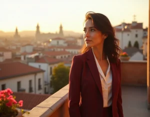Femme espagnole influente en veste bordeaux sur une terrasse avec vue sur les toits de Madrid