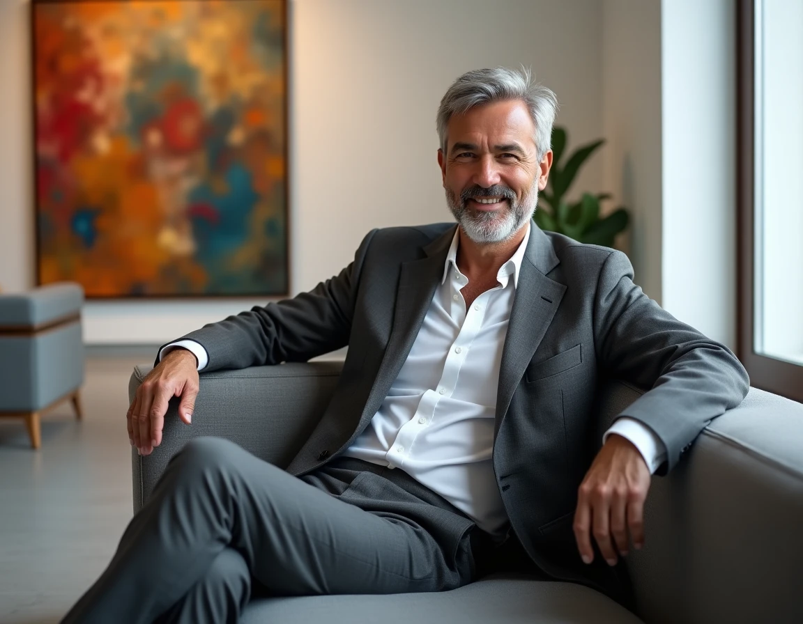 Célébrité espagnole masculine en costume gris dans une galerie d'art contemporaine de Barcelone