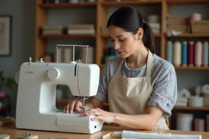 Femme évaluant une machine à coudre moderne dans un atelier de couture organisé à domicile