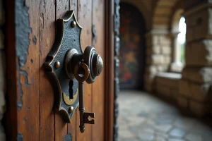 Vieille clé en laiton dans une serrure de porte en bois ancienne dans un couloir de château, illustration du conte Barbe Bleue de Perrault