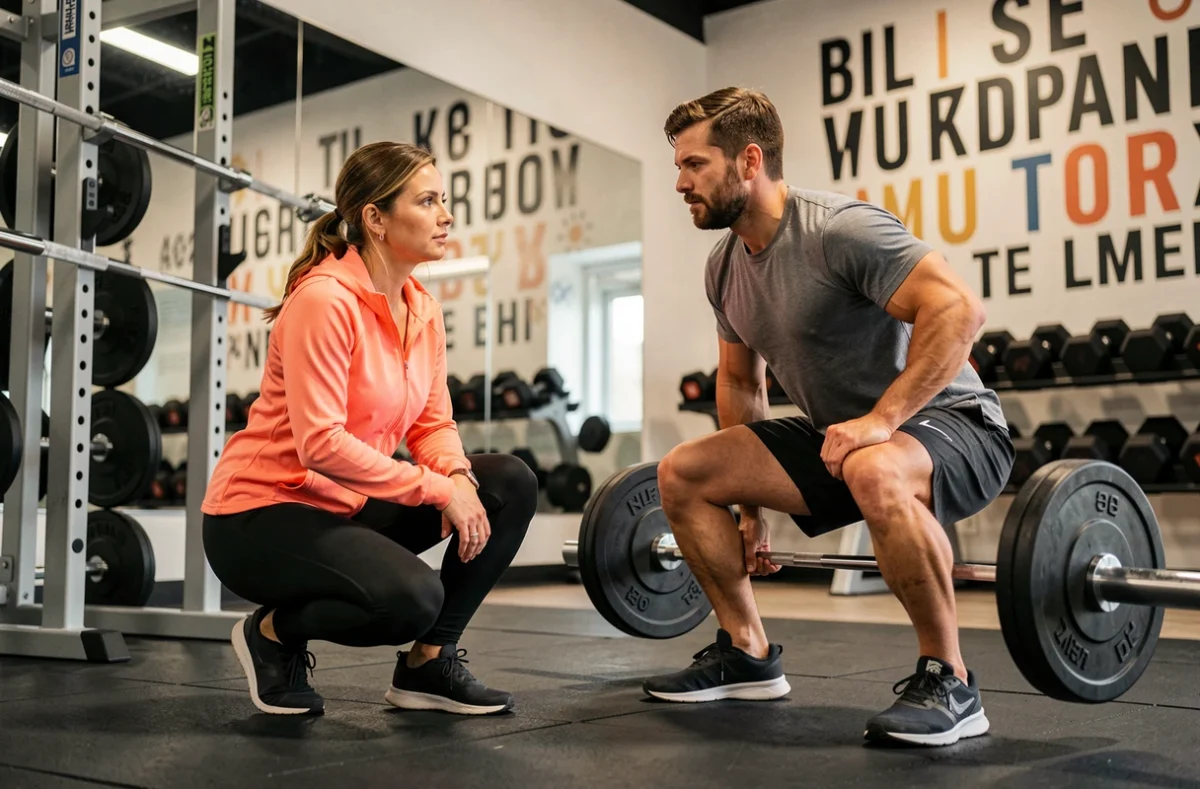 Coach sportive féminine guidant un client masculin lors d'un exercice de squat avec haltère dans une salle de sport professionnelle