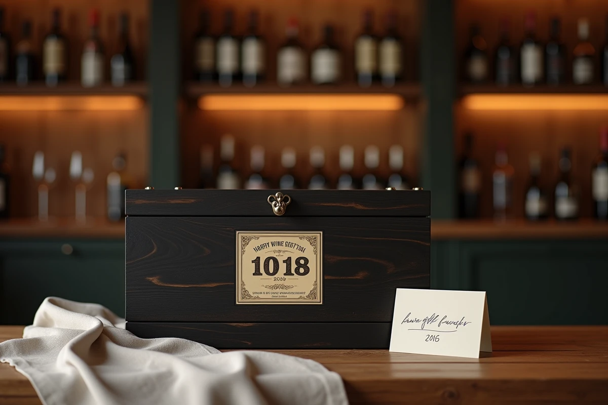 Coffret en bois contenant une bouteille de vin millésimée avec une étiquette affichant l'année de naissance, posé sur une table rustique avec une carte cadeau manuscrite