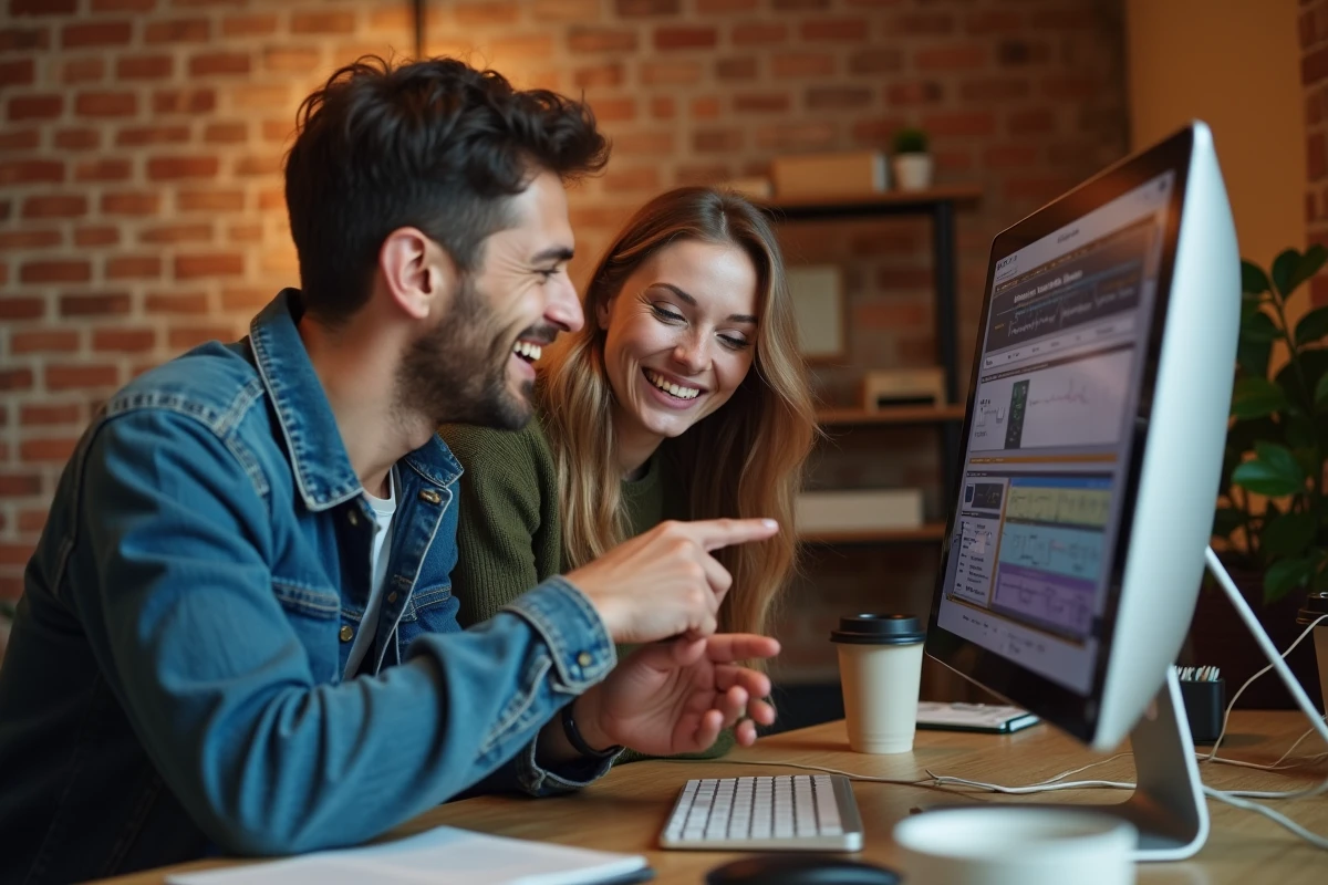 Deux collègues découvrant ensemble la plateforme Myinstants sur un ordinateur de bureau dans un studio créatif