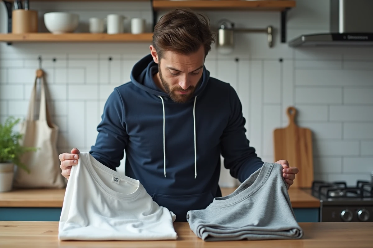 Homme comparant deux t-shirts Asos pour identifier une contrefaçon grâce aux différences de couture et de qualité
