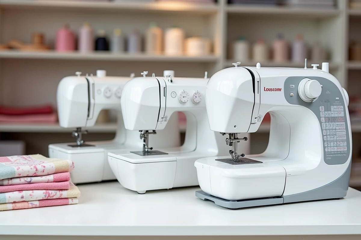 Comparaison de trois modèles de machines à coudre de marques différentes dans une mercerie