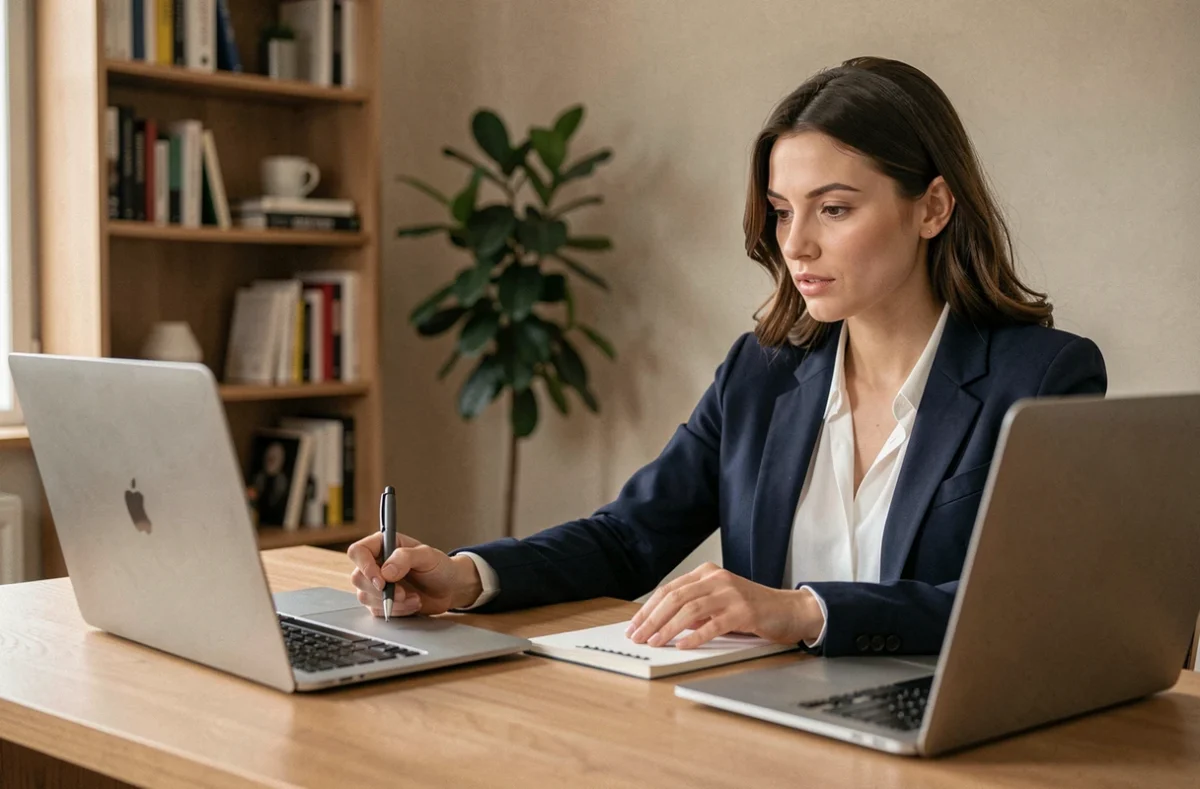 Femme professionnelle comparant des sites d'emploi spécialisés et généralistes sur deux ordinateurs portables dans un bureau à domicile moderne