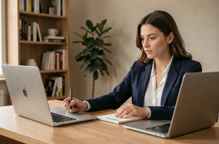 Femme professionnelle comparant des sites d'emploi spécialisés et généralistes sur deux ordinateurs portables dans un bureau à domicile moderne