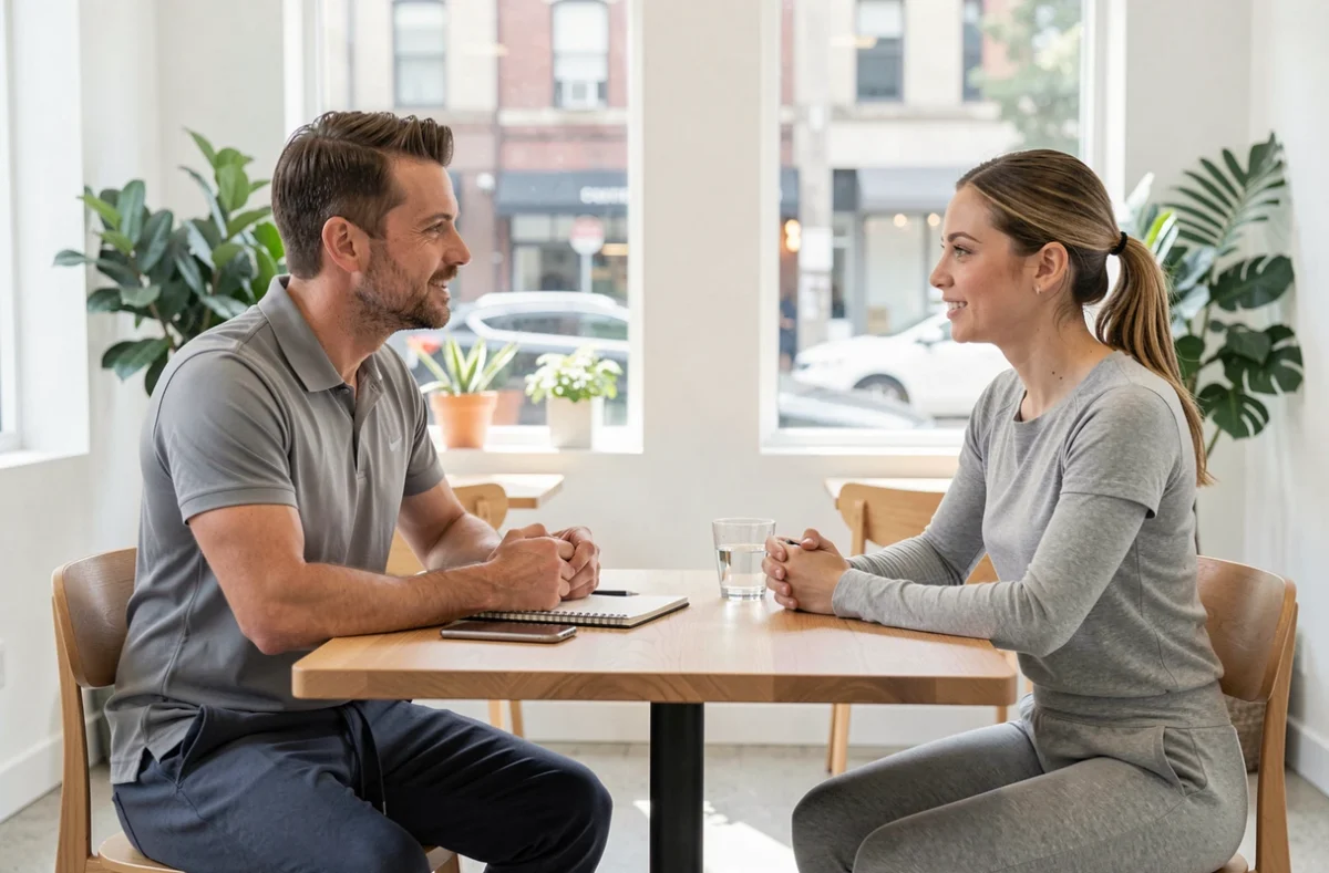 Coach sportif et cliente discutant des objectifs fitness lors d'une consultation initiale dans un espace wellness moderne