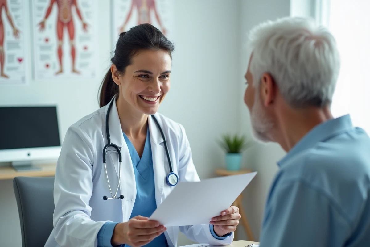 Médecin gériatre en consultation avec une personne âgée pour évaluer les signes de fragilité et établir un plan de prévention
