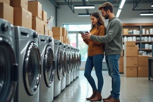 Jeune couple compare lave-linge en magasin lumineux