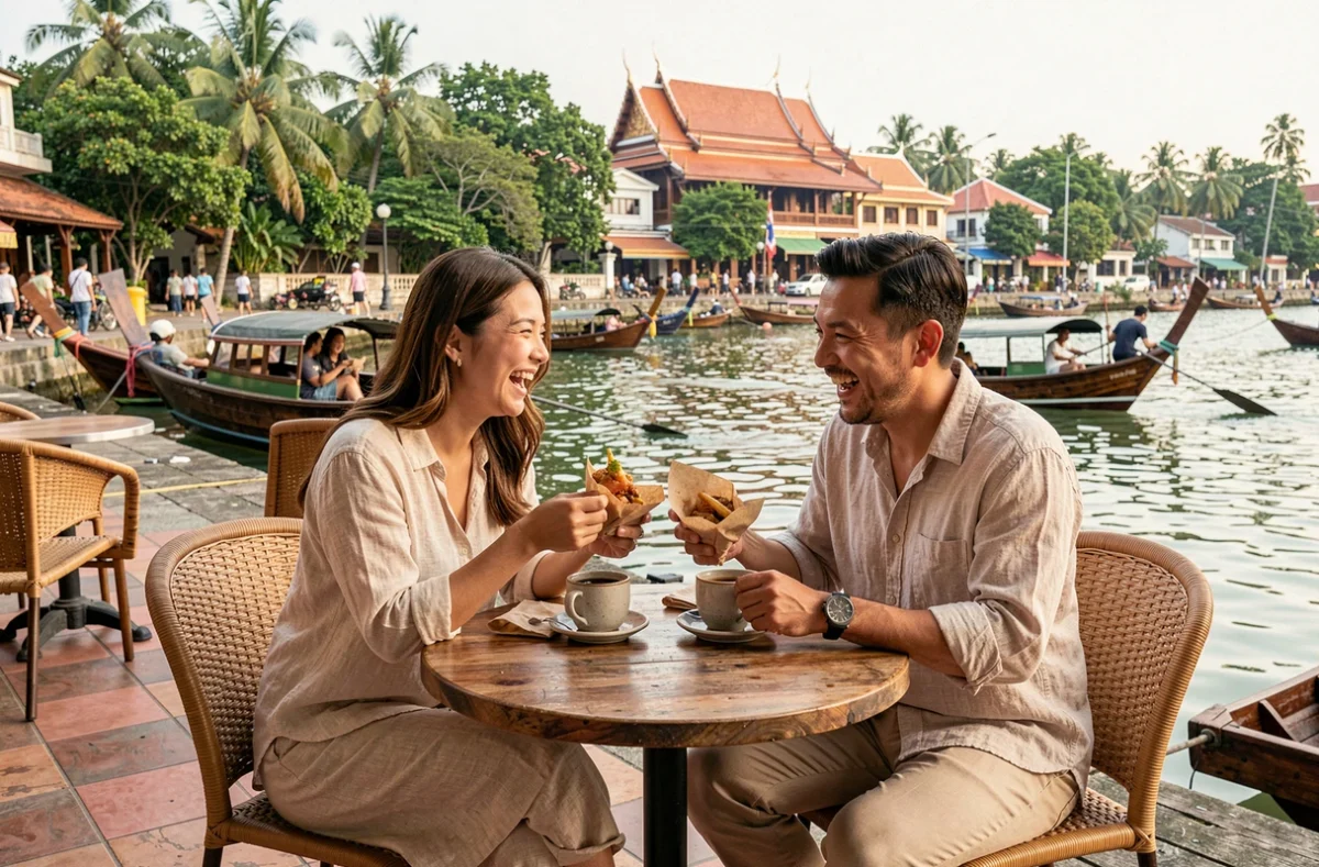 Couple attablé en terrasse au bord d'un canal asiatique animé avec bateaux traditionnels et toits de temple