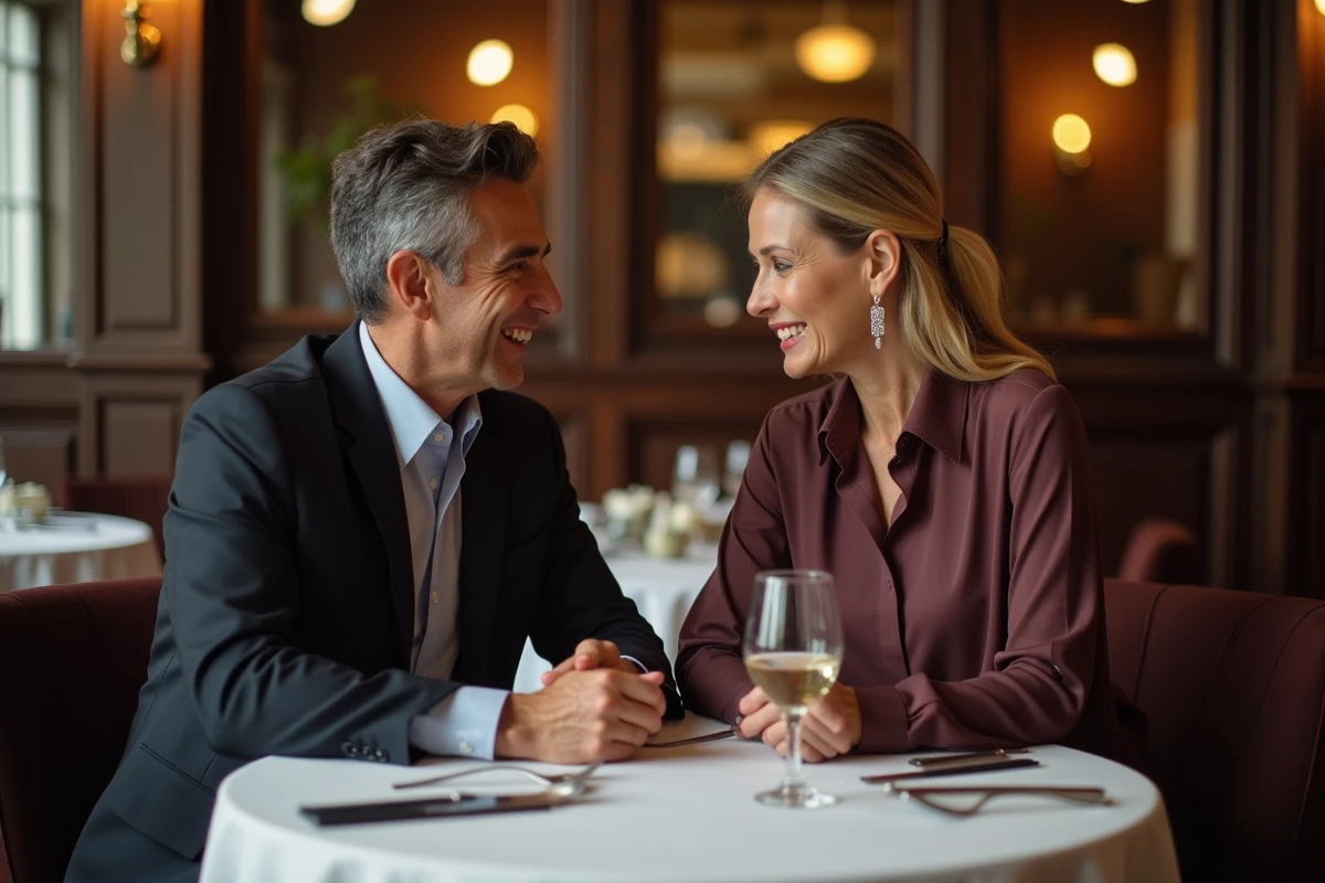 Couple de professionnels en conversation dans une brasserie parisienne élégante avec décor en bois sombre