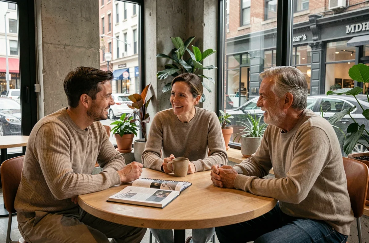 Groupe de personnes débattant autour d'une revue dans un café urbain contemporain, evoquant dialogue société et liberté