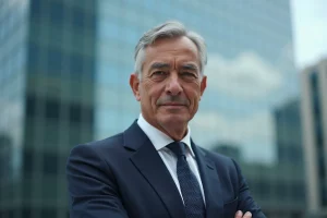 Portrait d'un dirigeant d'entreprise aéronautique en costume marine devant un bâtiment corporate moderne