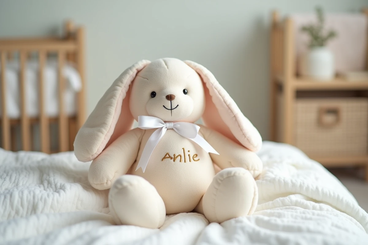 Doudou lapin en peluche couleur pastel avec un prénom brodé en fil doré sur le ventre, posé sur une couverture en coton blanc dans une chambre de bébé