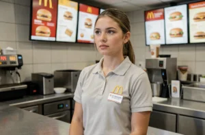 Employée McDonald's en uniforme derrière le comptoir, illustrant les conditions de travail et la grille salariale de la convention collective