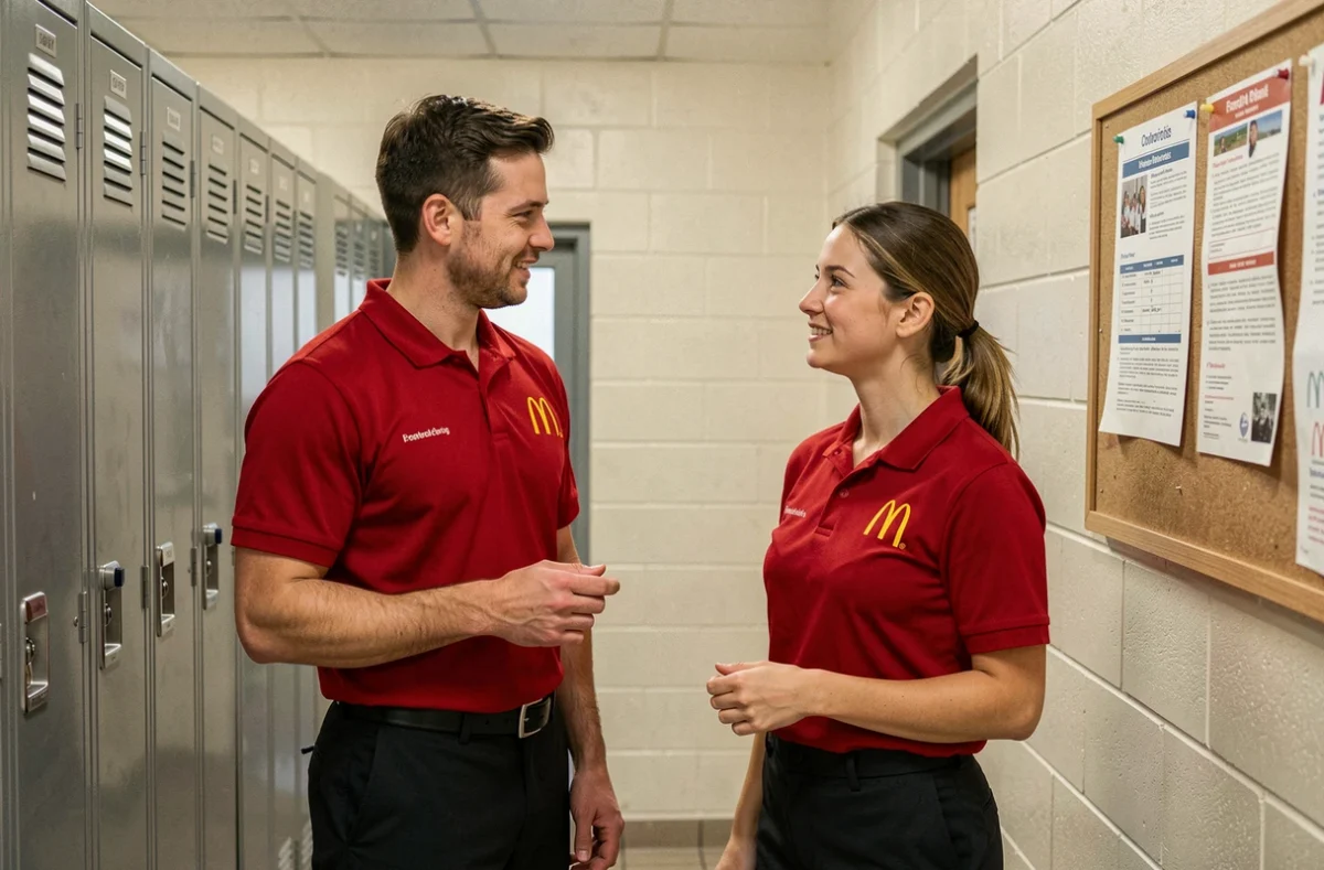 Deux employés McDonald's en discussion dans les coulisses du restaurant, représentant les échanges sur les perspectives d'évolution salariale et professionnelle
