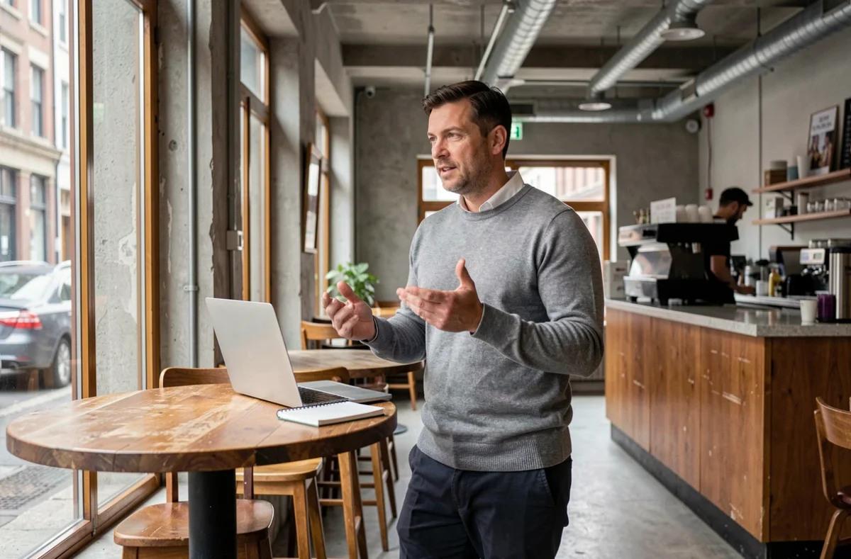 Entrepreneur masculin travaillant sur son ordinateur portable dans un café urbain, symbolisant la flexibilité et l'autonomie du travail indépendant