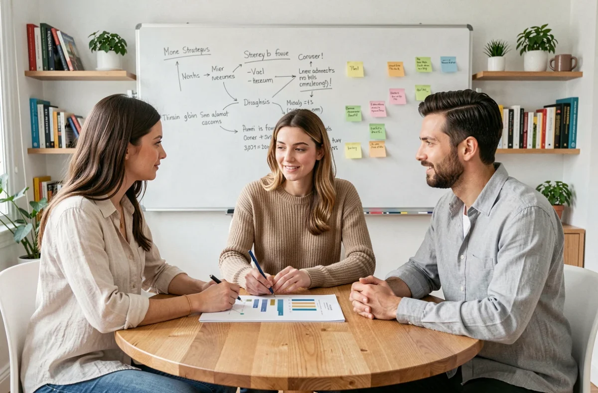 Petite équipe d'entrepreneurs en réunion stratégique autour d'un tableau blanc dans un bureau à domicile, illustrant la collaboration et la planification d'un business indépendant