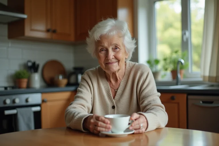 Femme âgée fatiguée assise à une table de cuisine tenant une tasse de thé, illustrant les signes du syndrome de fragilité chez la personne âgée