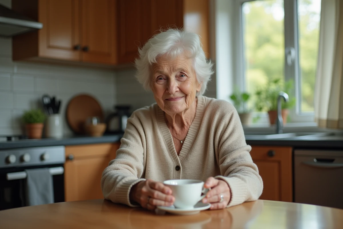 Femme âgée fatiguée assise à une table de cuisine tenant une tasse de thé, illustrant les signes du syndrome de fragilité chez la personne âgée