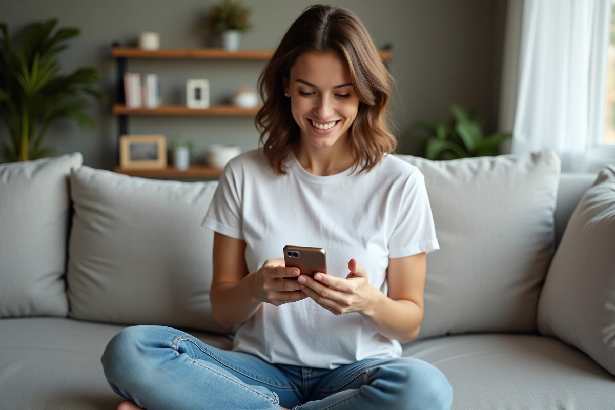 Femme souriante utilisant une application de sons instantanés sur smartphone dans son salon