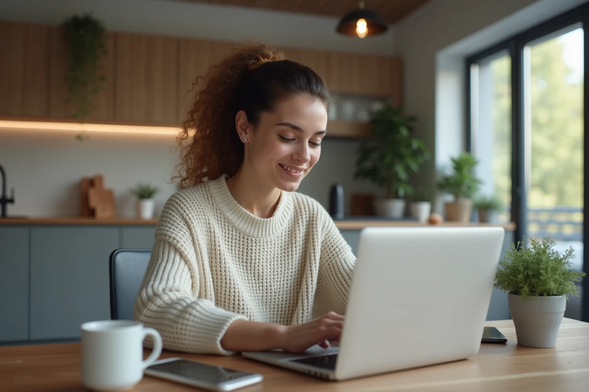 Femme assise à la table de cuisine avec ordinateur portable