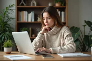 Jeune femme travaillant sur son ordinateur dans un bureau cosy