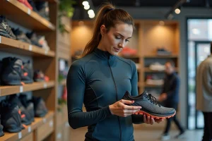 Femme sportive choisissant des chaussures de trail dans un magasin de sport spécialisé