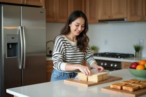Jeune femme emballant des sandwiches pour congélation dans une cuisine chaleureuse