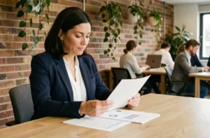 Femme entrepreneur concentrée sur ses documents dans un espace de coworking moderne, illustrant la gestion d'un business indépendant