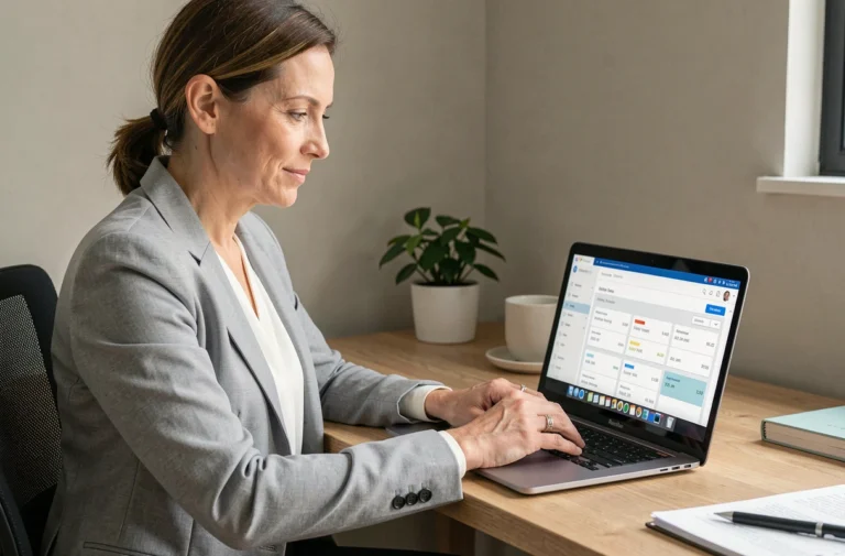 Femme professionnelle accédant à son espace client en ligne sur un ordinateur portable dans un bureau moderne