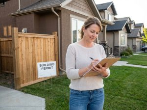 Femme en jeans remplissant un papier devant sa maison
