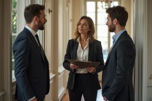 Femme professionnelle discutant avec un couple dans un appartement ancien