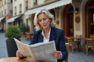 Femme lisant un journal régional en terrasse de café dans une place de ville française