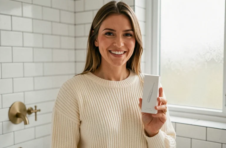 Femme souriante tenant un kit de blanchiment dentaire Kristal Beauté dans une salle de bain moderne