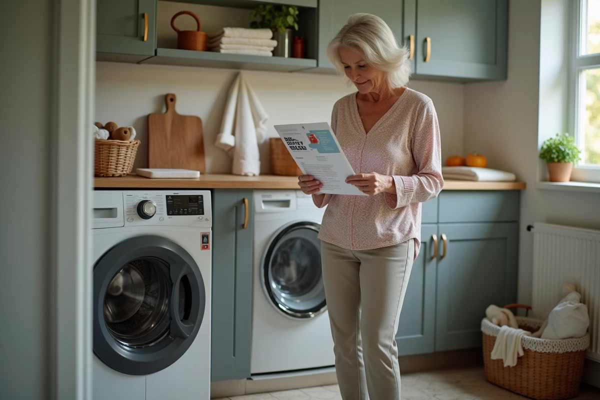 Femme lisant manuel de lave-linge dans sa buanderie
