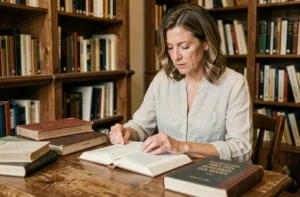 Femme lisant une revue intellectuelle dans une librairie indépendante, entourée de livres ouverts sur une table en bois