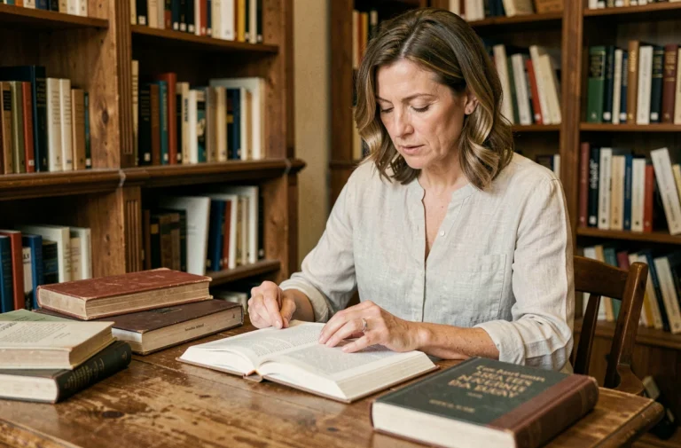 Femme lisant une revue intellectuelle dans une librairie indépendante, entourée de livres ouverts sur une table en bois