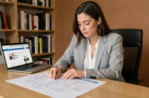 Femme consultant un plan de site imprimé pour organiser sa recherche d'emploi à son bureau
