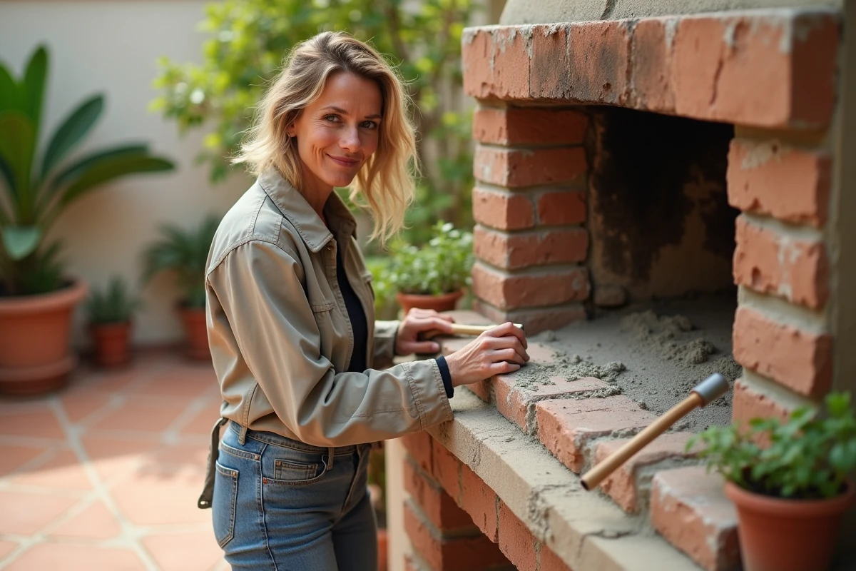 Femme appliquant du mortier sur un barbecue en pierre
