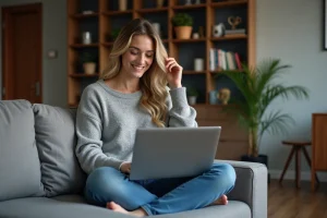 Jeune femme souriante avec ordinateur dans un salon moderne