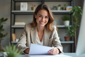 Femme souriante travaillant à domicile avec documents Action Logement