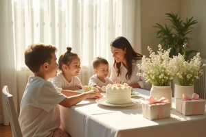 Scène de fête de baptême avec une famille réunie autour d'une table décorée de fleurs blanches, d'un gâteau et de cadeaux emballés avec des rubans pastel